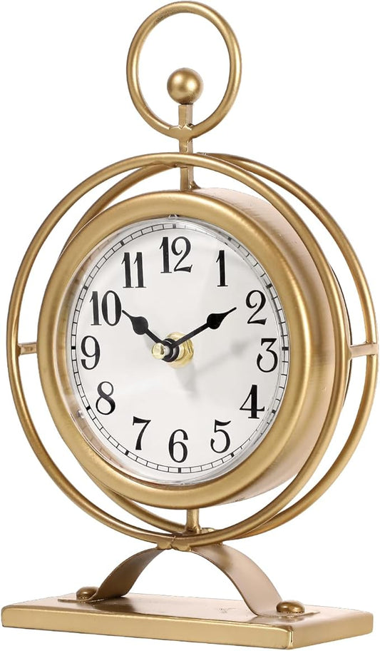 Vintage Table Clock on Stand, Decorative Metal Desk Clock, Small Antique Gold Silent Non-Ticking Battery Operated Farmhouse Shelf Table Clocks for Home Kitchen Bedroom Decor