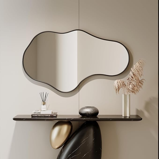 Irregular Wall Mirror - Black Wall Mirrors Decorative 24"x 40" Wavy Asymmetrical Abstract Mirror Aviation Aluminum Alloy Frame Unique for Vanity, Entryway, Bathroom, Bedroom, Living Room, Cloakroom