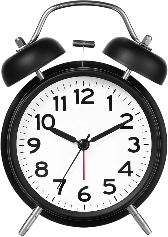 AKCISOT Loud Alarm Clock for Heavy Deep Sleepers, 4.5 Inches Analog Metal Twin Bell Clocks Battery Operated with Backlight for Bedroom Bseide, Old Fashioned for Desk Home Decoration (Black White)