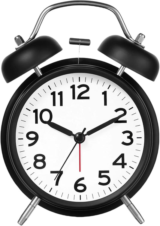 AKCISOT Loud Alarm Clock for Heavy Deep Sleepers, 4.5 Inches Analog Metal Twin Bell Clocks Battery Operated with Backlight for Bedroom Bseide, Old Fashioned for Desk Home Decoration (Black White)