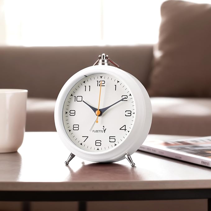 FLOITTUY 4.5" Battery Operated Antique Retro Analog Metal Alarm Clock, Silent Bedside Desk Clock, Wall-Hanging Vintage Clock(White)