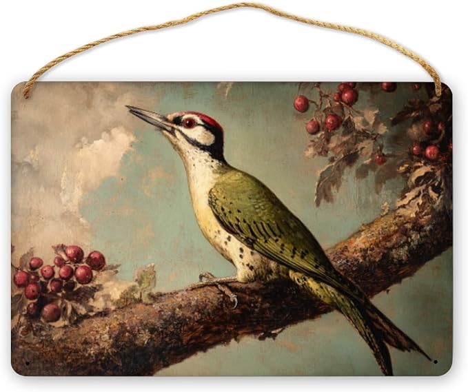 Retro Woodpecker on Berry branches Wooden Sign 12x8 Inch, Nature Art for Country-Inspired Homes, Living Room Highlight, Great Gift for Bird Collector Fans & Nature Enthusiasts
