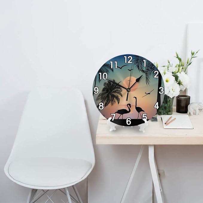 Flamingos Walk on the sea Beach Wall Clock Battery Operated Silent Round Clock Wall Decor for Home Office School, 12 Inch