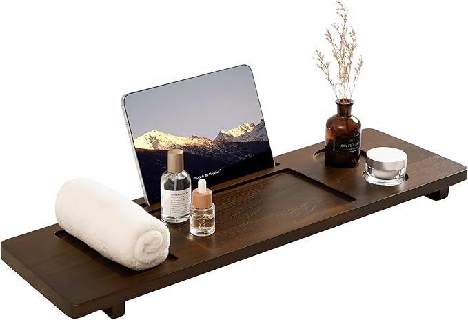 Teak Bathtub Tray - Wood Bath Caddy Tray 29" for Small Tubs - Adjustable Bathtub Table Trays - Luxury Shower Organizer for Home Spa Relaxation and Reading - Dark Walnut Color