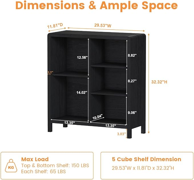 FATORRI 5 Cube Bookshelf, Wood Bookcase with 3 Adjustable Shelves, Farmhouse Cube Storage Organizer Shelf for Small Space Bedroom Living Room (Black)