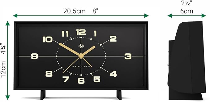 NEWGATE® Wideboy Alarm Clock | Rectangular Retro Design | Black | Mid-Century dial | Ideal for Bedside, Desk, Mantel or Shelf | Retro Bedroom & Office Accessory