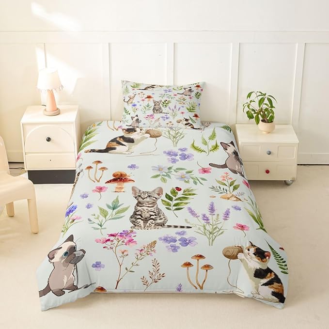 Erosebridal Cute Cat Toddler Duvet Cover Kitten Cat Lovers Bedding Set Pale Green Boho Watercolor Floral Comforter Cover for Kids Girls Boys Adults Funny Pet Animal Bed Set