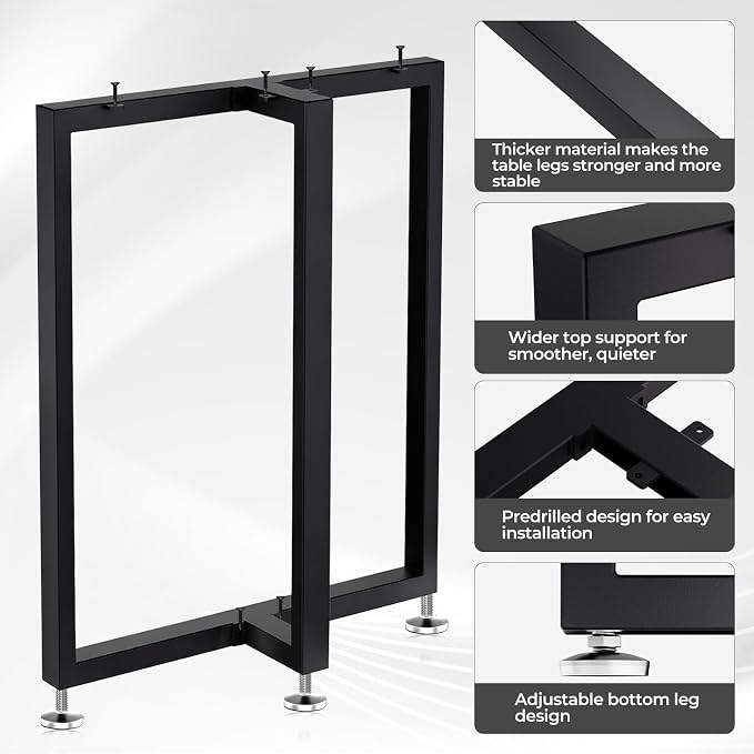 Table Legs 28”H x 35”W Heavy Duty Metal Furniture Legs T Shape for Dining Table Kitchen Table Office Desk Table Base Replacement with Adjustable Feet Pads Screws 1000 LBS Load Black Set of 2