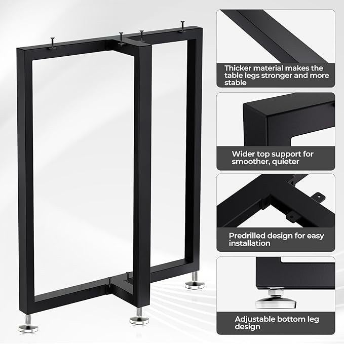 Table Legs 28”H x 24”W Heavy Duty Metal Furniture Legs T Shape for Dining Table Kitchen Table Office Desk Table Base Replacement with Adjustable Feet Pads Screws 1000 LBS Load Black Set of 2