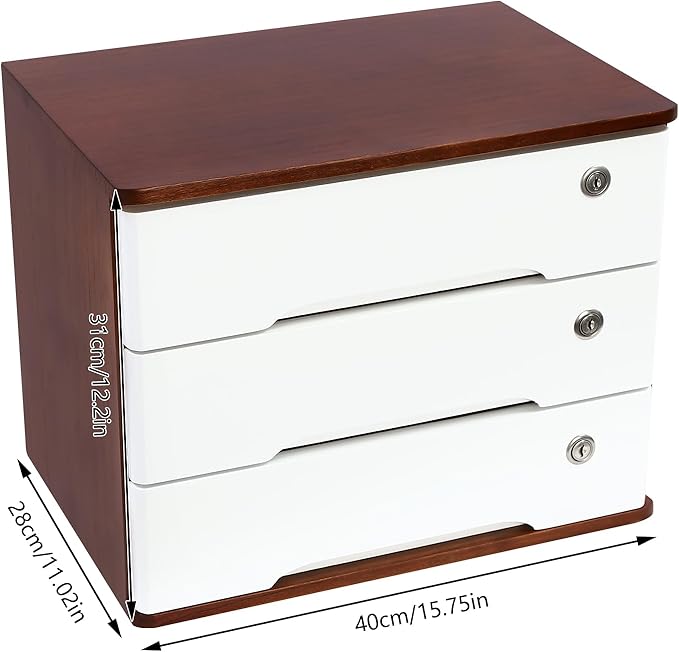 Desktop File Organizer with Lock, 2/3/4 Tier Multi-Drawer Wooden Storage Cabinet, Office Supply Organizer for Home Desk, Study & Workplace (Wine Red + White, 3 Layers)