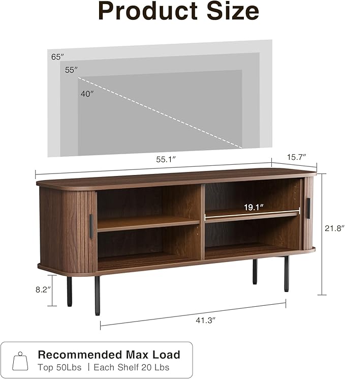 55''W Storage Cabinet, Fluted Sideboard Buffet Cabinet with Storage, Console Table Credenza with Tambour Slatted Sliding Doors and Shelves, Modern TV Stand for Living Room, Kitchen, Entryway, Walnut