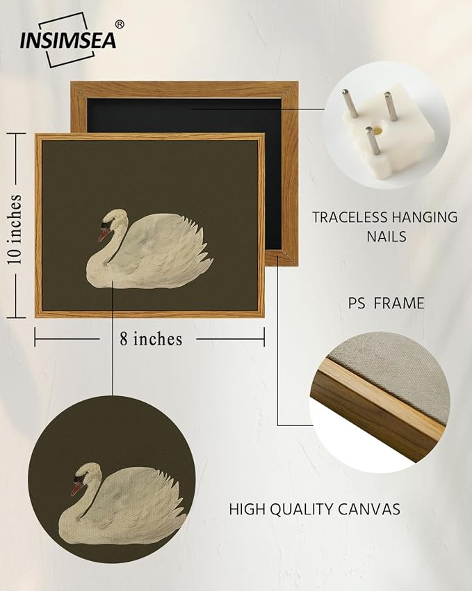InSimSea Swan Frame Vintage Wall Art, Oil Painting Canvas Print, Grey-Green Background, Bedroom, Living Room, Bathroom, Office Mix-and-Match Art, 8x10 in
