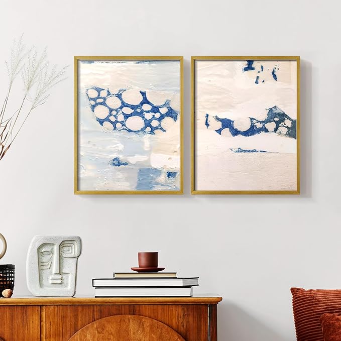 Renditions Gallery Set of 2 Peel & Stick Framed Prints, Textured Abstract Wall Art, White Blue Bubble Like Pattern Wall Decor, Re-Stickable - Ready to Hang - 22"x28" - GOLD Frame LT588