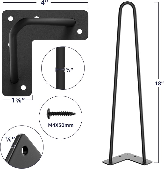 SMARTSTANDARD 18 Inch Heavy Duty Hairpin Furniture Legs, Metal Home DIY Projects for Nightstand, Coffee Table, Desk, etc with Rubber Floor Protectors Black 4PCS