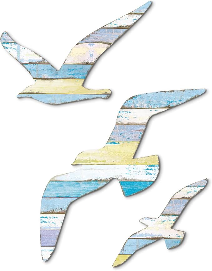 Putuo Decor 3Pcs Seagull Wall Decor, Wooden Beach Nautical Coastal Theme Wall Art Self-Adhesive Seagull Wall Sculpture, Sea Birds Lake House Ocean Decor Vintage Ornaments for Home Bathroom