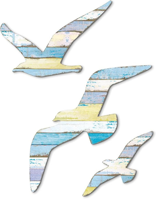 Putuo Decor 3Pcs Seagull Wall Decor, Wooden Beach Nautical Coastal Theme Wall Art Self-Adhesive Seagull Wall Sculpture, Sea Birds Lake House Ocean Decor Vintage Ornaments for Home Bathroom