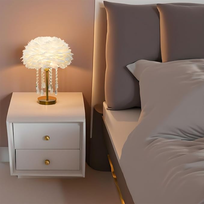 Fandian Feather Table Lamp White with LED Bulb Plug in Feather Night Lights Bedside Lamps for Mother Girlfriend Home Girl Room Wedding Decoration