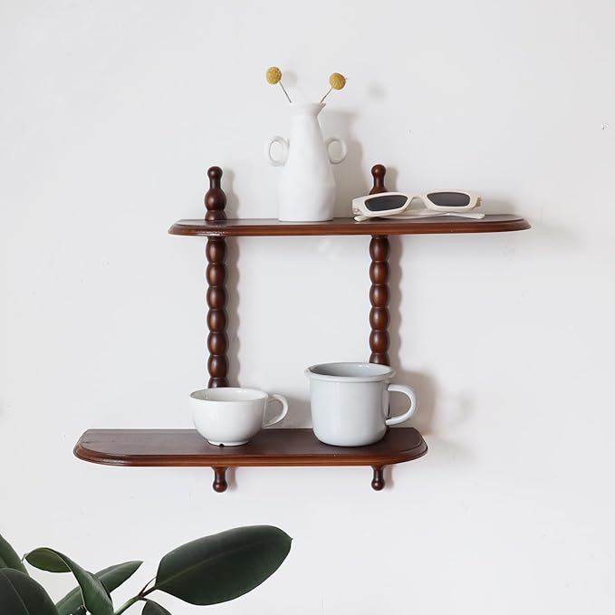 2-Tier Wall Mounted Floating Shelf with Two Roman Columns, Decorative Display Shelf for Entrance, Bathroom, Bedroom, Living Room, Kitchen, Office (Dark Brown)
