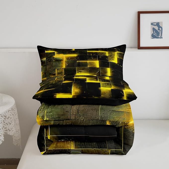 Black Yellow Abstract Comforter King Gradient Square King Bedding Set Grid Down Comforter Neon Checkered Bed Set Glowing Plaid Quilted Duvet 3D Modern Bedroom Decor 3pcs (Black Reversible)