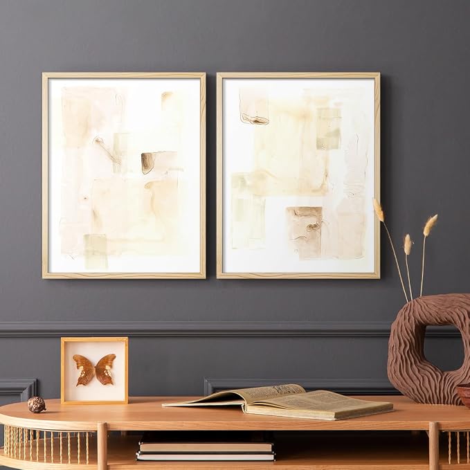 Renditions Gallery Set of 2 Peel & Stick Framed Prints, Abstract Wall Art, Mixed Handmade Oil Painting Wall Decor, Re-Stickable - Ready to Hang - 16"x20" - NATURAL WOOD Frame LT588