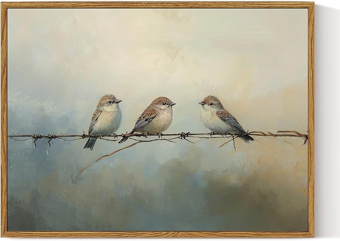 ARPEOTCY Vintage Framed Canvas Wall Art, 12x16 Inch Cute Sparrow Painting Artwork, Antique Framed Wall Art for Living Room Bedroom Gallery, Retro Bird Bathroom Decor Aesthetic