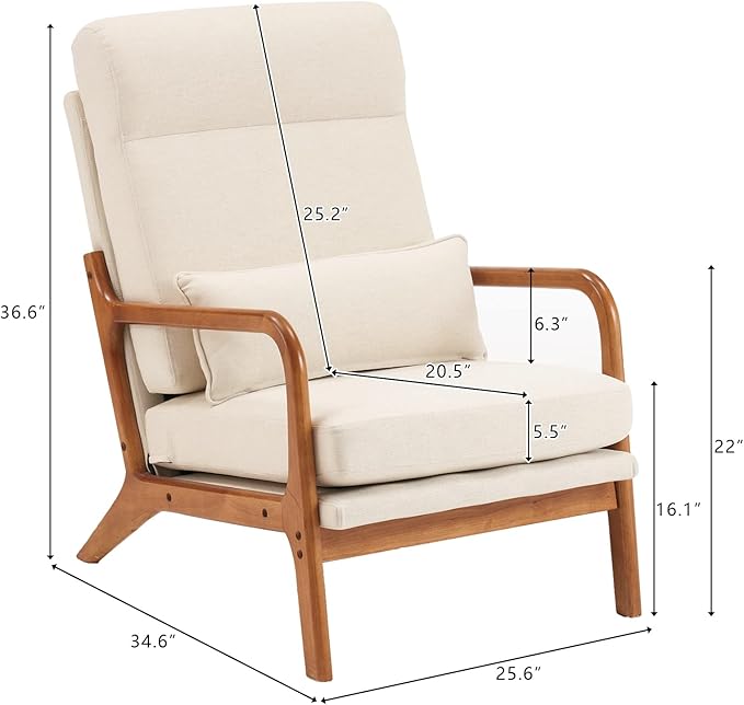 Bonnlo High Back Beige Accent Chairs Set of 2, Upholstered Mid Century Modern Lounge Fabric Chairs Reading Chairs Side Sitting Chair Solid Wood Farmhouse Armchairs for Living Room, Bedroom, Guest Room