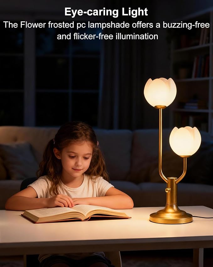 Lightdot Gold Flower Table Lamp for Bedroom, 2 Floral Heads 3000K Warmwhite Dimmable Bedside Lamps with Plug, Mid Century Modern Small Desk Lamp for Living Room Nightstands Home Office
