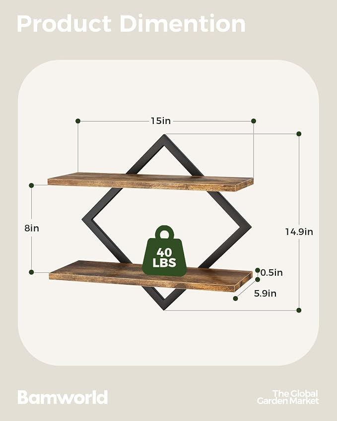 Bamworld Floating Shelves for Wall Planters for Indoor Plants Hanging Shelves Plant Holder Wall Decor Plant Stand Indoor for Plant Hangers Indoor for Living Room Bedroom Bathroom 2-Pack Brown Rhombus