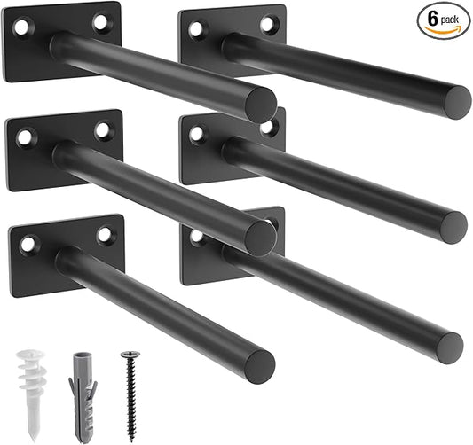 LEOPO 6-Pack 6 inch Floating Shelf Brackets, Hidden Shelf Bracket for Wood, Concealed Blind Shelving Support,Invisible Black Coated Brackets for DIY Decorative,Fit for Kitchen, Bathroom,Study Room
