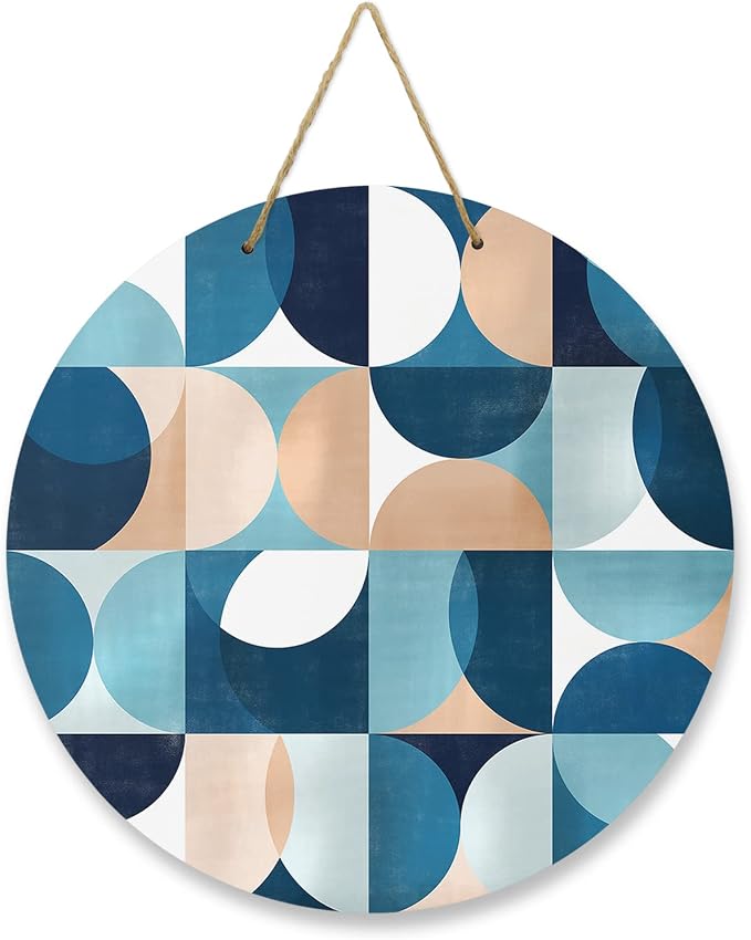 Welcome Sign for Front Door Mid Century Geometric Wood Door Hanger for Outdoor Outside Porch,12 Inch Round Wooden Wreath Indoor Wall Hanging Decoration, Abstract Modern Blue