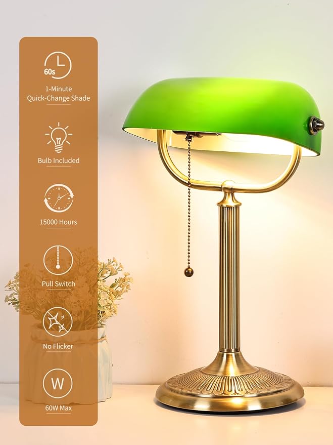 1-Minute Quick-Change Shade Classic Green Glass Bankers Desk Lamp for Study, Office, Library, LED Bulb Included