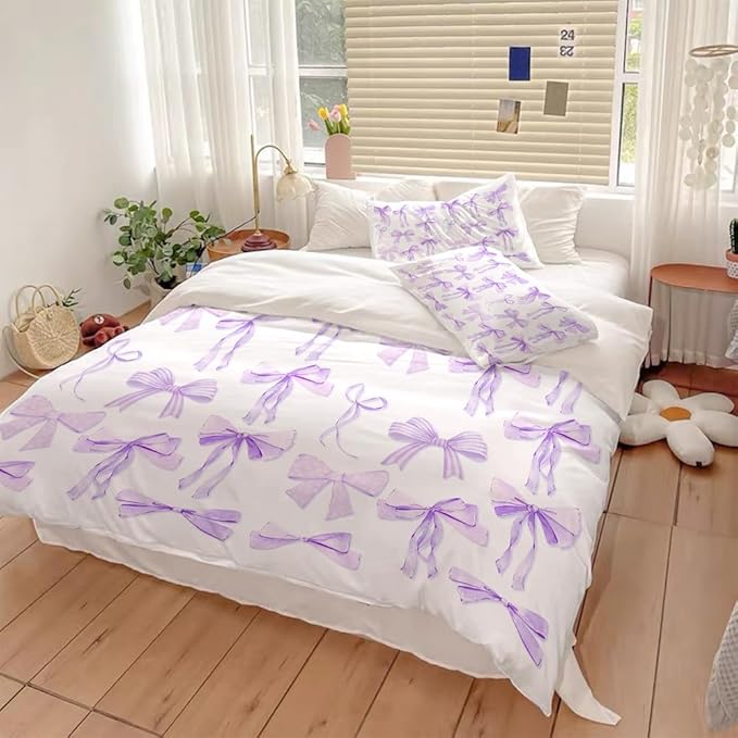 Trendy Purple Bow Duvet Cover Twin Size Girls Coquette Bedding Set Graceful Style Light Purple Bowknot Bed Cover,Kids Girls Super Soft Bedding Set Funky Preppy Girly Room Decor 68"x88"