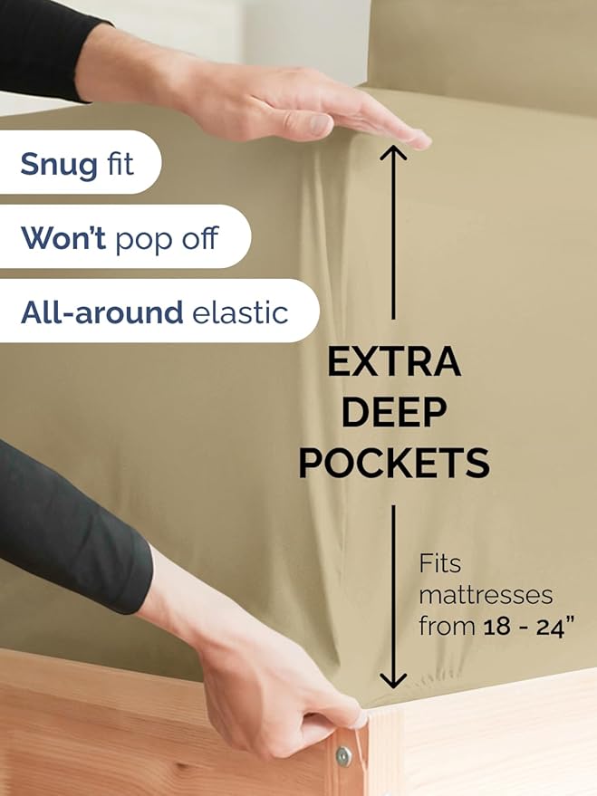 Extra Deep Full Sheet Set - 6 Piece Breathable and Cooling Sheets - Hotel Luxury Bedding for Women, Men, Kids & Teens - Easy & Secure Fit - Soft, Wrinkle Free and Comfy - Extra Deep Pockets - Beige