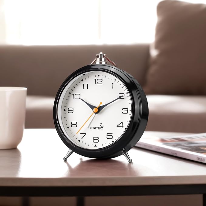 FLOITTUY 4.5" Battery Operated Antique Retro Analog Metal Alarm Clock, Silent Bedside Desk Clock, Wall-Hanging Vintage Clock(Black)