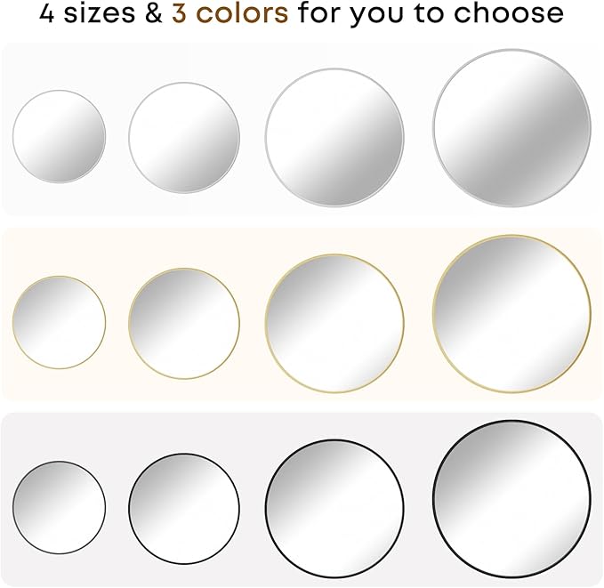 Round Mirror, Wall Mounted Circle Mirror with Brushed Metal Frame, Circular Mirrors for for Bathroom, Living Room, Vanity, Bedroom, Entryway, 30inch, Black