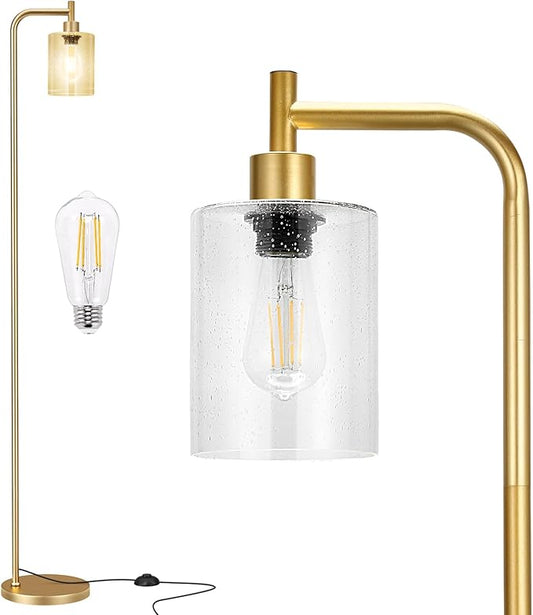 Ziisee Floor Lamps for Living Room - Standing Lamp with Seeded Glass Shade, Modern Gold Floor Lamp with LED Bulbs, Bright Industrial Floor Lamp for Bedroom, Tall Lamp for Office - Gold