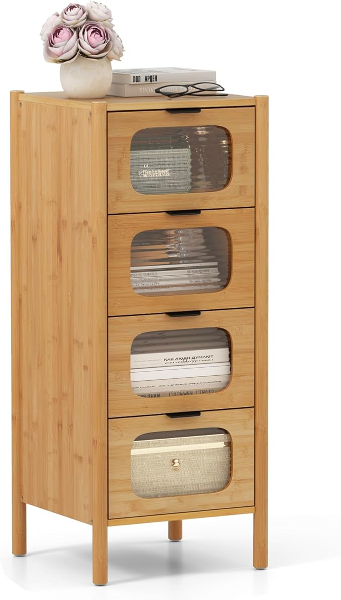 Giantex 4 Drawer Storage Cabinet, Bamboo Storage Organizer with Fluted Tempered Glass Drawers, Mid Century Modern Floor Cabinet for Living Room, Bathroom, Study, Entryway, Natural