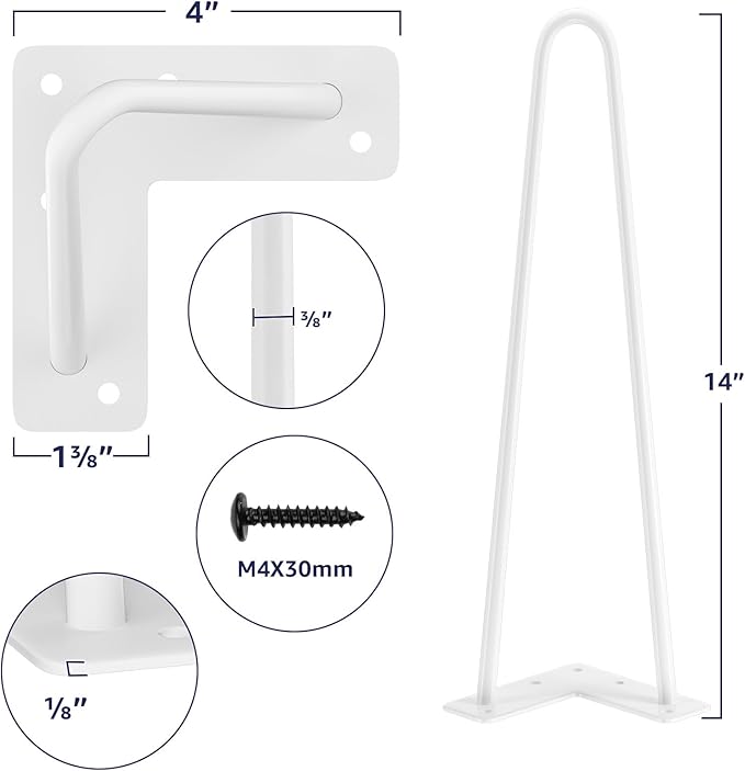 SMARTSTANDARD 14 Inch Heavy Duty Hairpin Furniture Legs, Metal Home DIY Projects for Nightstand, Coffee Table, Desk, etc with Rubber Floor Protectors White 4PCS