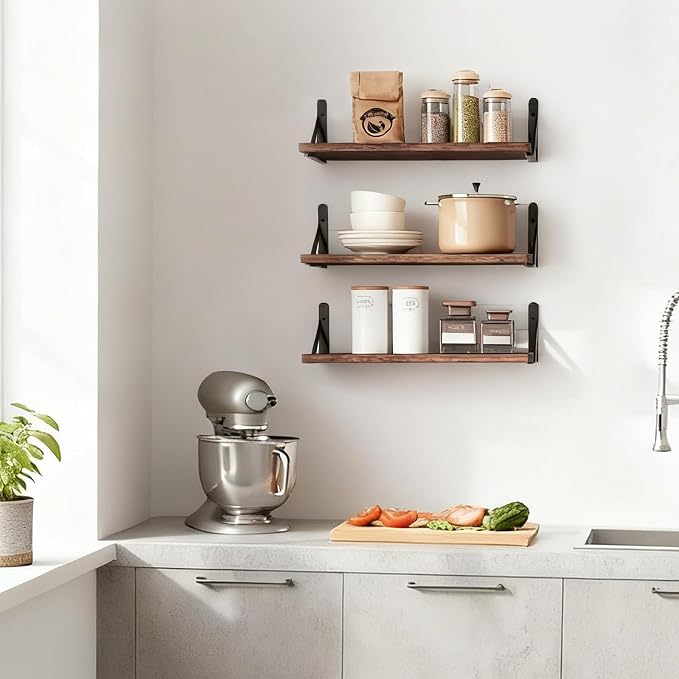 Fixwal Wall Shelves Floating Shelves for Wall Bedroom Bathroom Living Room Kitchen Storage and Decor(Brown, Set of 3, 16.5 Inch)