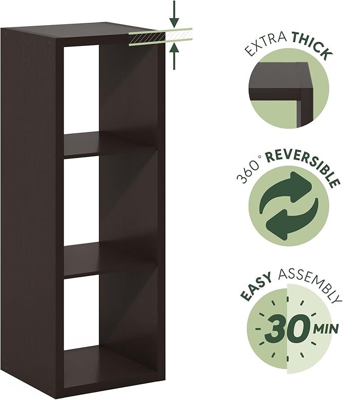 Furinno Cubicle Book Shelf, 3-Cube Bookshelf, Extra Thick Frame Horizontally & Vertically Reversible Bookcase with Open Back, 14.6" x 16" x 44", for Living Room, Bedroom, Home Office, Black Dark Oak