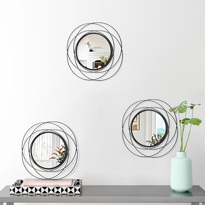 3 Set Black Wall Mirror Black Small Round Decorative Mirrors, Circle Metal Art Mirror Home Decor Bathroom Vanity, Living Room or Bedroom 12”