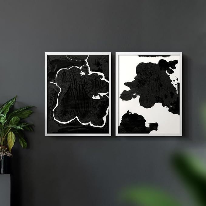 Renditions Gallery Set of 2 Peel & Stick Framed Prints, Fluid Abstract Wall Art, Black and White Inkblot Wall Decor, Re-Stickable - Ready to Hang - 8"x10" - White Frame LT588