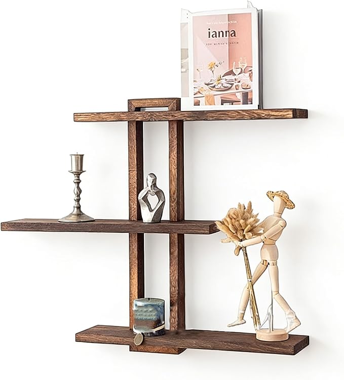 Modern Wooden Floating Shelf, 3 Tier Wall-Mounted Storage Rack, Mid Century Modern Display Shelves for Plant Rock Crystal Photo, Farmhouse Wall Decor for Living Room Bathroom (Brown)