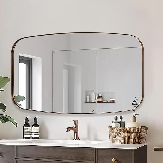ANDY STAR Brushed Bronze Bathroom Mirror, 32x48 Oblong Mirror with Stainless Steel Metal Frame, Oval Vanity Mirror for Over Sink, Modern Anti Rust Wall Mounted