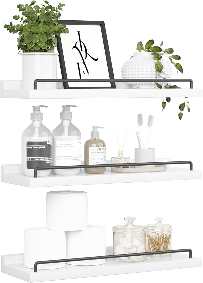 Floating Shelves for Wall Decor, White Shelves for Bathroom, Living Room, Bedroom, Picture Frames, Plants, Kitchen (Set of 3)