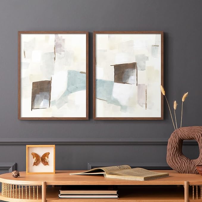 Renditions Gallery Set of 2 Peel & Stick Framed Prints, Abstract Wall Art, Minimalist Color Block Brush Strokes Wall Decor, Re-Stickable - Ready to Hang - 22"x28" - Walnut Frame LT588