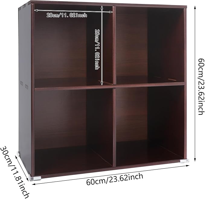 4-Cube Pine Wood Storage Organizer, Solid Wooden Bookshelf with Back Panel, 11in Shelf Opening Bookcase, Freestanding for Living Room, Bedroom, Office - Dark Brown (23.6 x 11.8 x 23.6in)