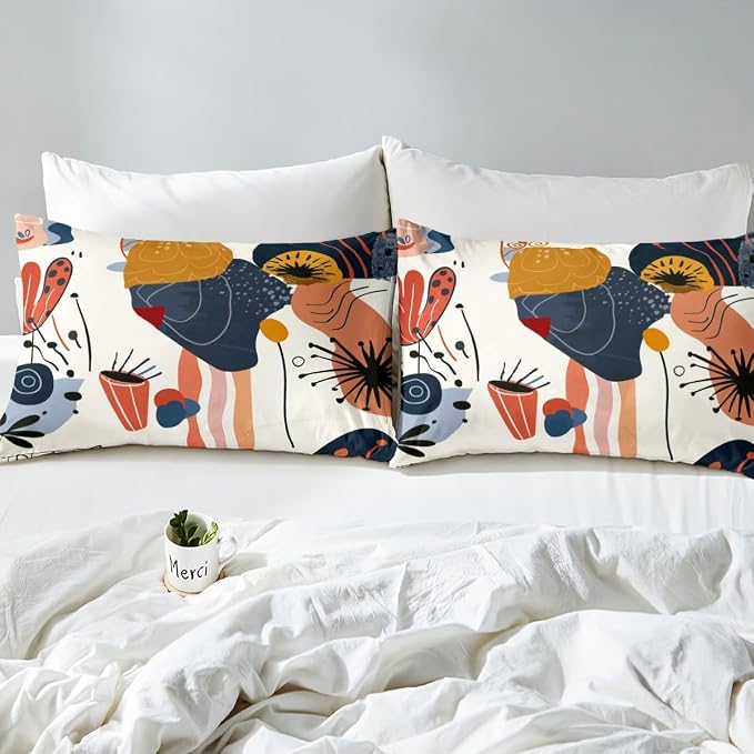 Minimalist Bedding Set Mid Century Minimalism Comforter Cover,Colorful Hand Drawn Duvet Cover Simplistic Geometrical Abstract Sketch King Bed Set,Multicolor Modern Graffiti Ombre Art Room Decor