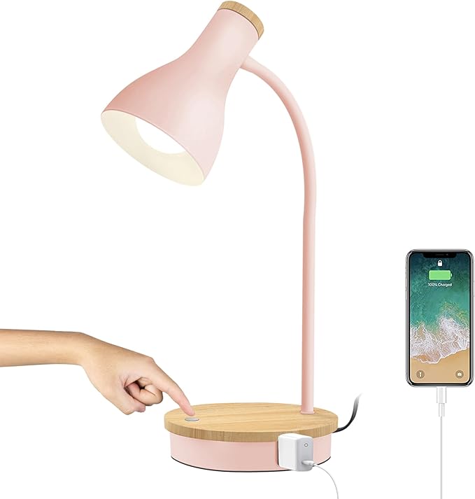 LALISU Metal Desk Lamp Wireless Charging Table Lamp Touch Reading Lights Arc Desk Lamps for Bedroom, 3 Way Dimmable Bedside Lamp with USB Charging Ports Lamp for Study Room and Office (Touch-Pink)