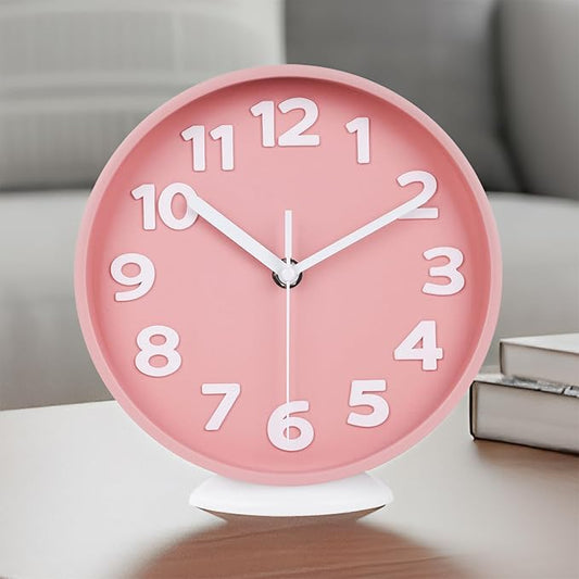 JENLYSTIME 8 Inch Vibrant Pink Modern Wall Clock – Silent Non-Ticking, Bold 3D Numbers, Precise Quartz Movement | Decorative Desk & Wall Clock with Stand for Home, Kitchen, Bedroom, or Office